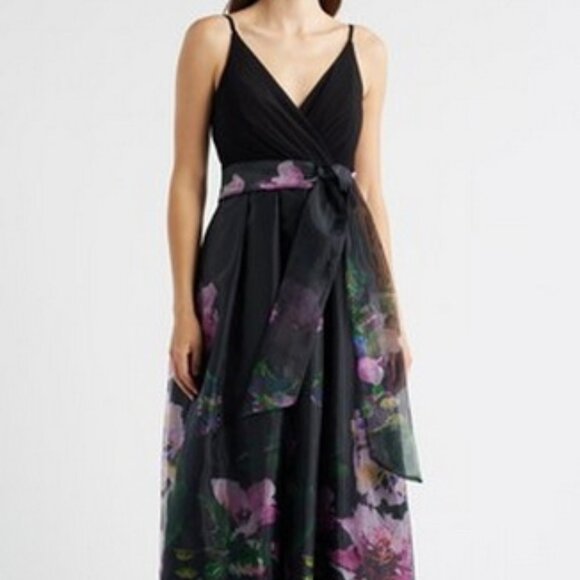 Eliza J Black Multi Placed Floral Mixed Media Gown - Picture 1 of 2